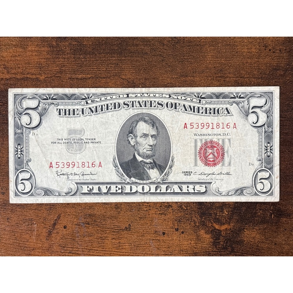 1963 $5 Five Dollar Red Seal United States Note Lincoln Vintage Currency